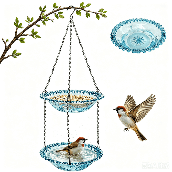 HEYMKGO Bird Bath Hanging Seed Feeder Garden Plate Hanging Tray for Wild Backyard Attracting Birds (Blue-Doulbe Bath)