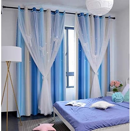 Room Darkening LightBlocking Blue Beige Curtains White Sheer Lace Detachable Bow Ties Kids Room Decor Ombre Drapes Star Double Layer Window Panels Bedroom LivingRoom (Blue Beige W52 X L96in)
