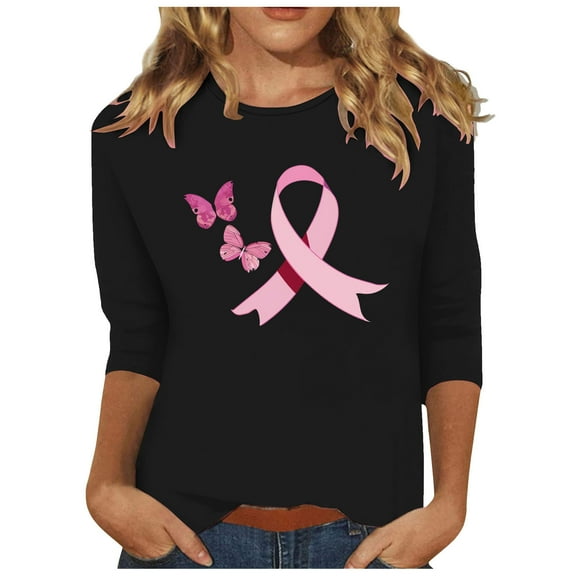 Kilaqueen 3/4 Length Sleeve Tops for Women Breast Cancer Awareness Shirts Cute Pink Ribbon Round Neck Casual Loose Lightweight Cancer Survivor Faith Inspirational T-Shirts