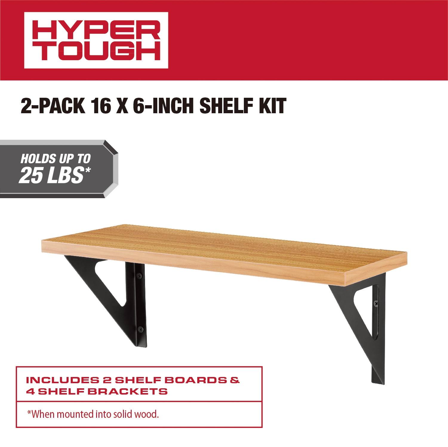 Hyper Tough Brown Shelf Kit with Brackets and Mounting Hardware, 15-3/4" x 6", 2-Pack