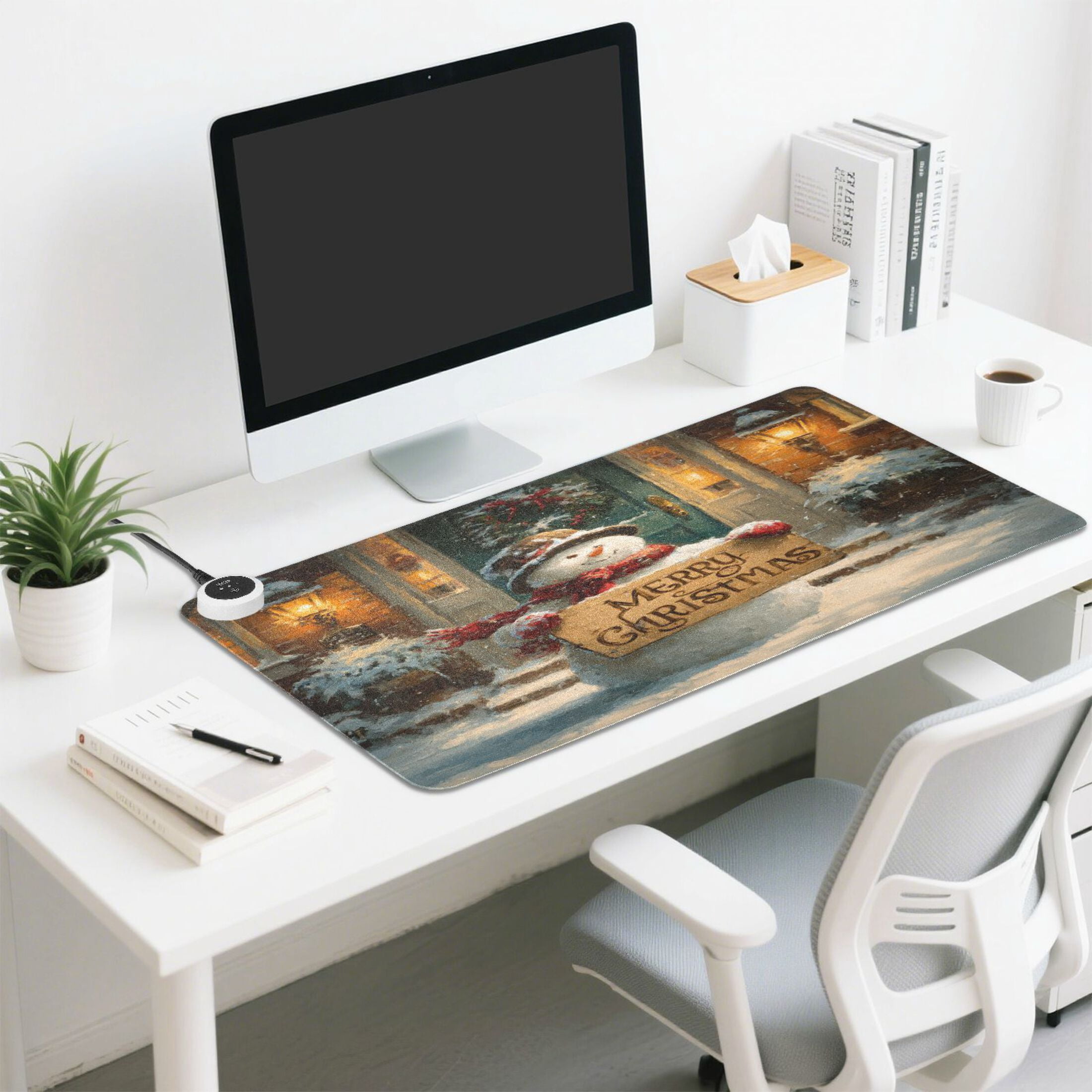 Wobogo Cute Snowman Heated Mouse Pad Extra-Large Desk Mat With 3 Heating Levels and 3-hour Auto Shut-Off Protection Ideal for Computer Keyboards Home Office Hand-warming Essential 31.5in × 13in