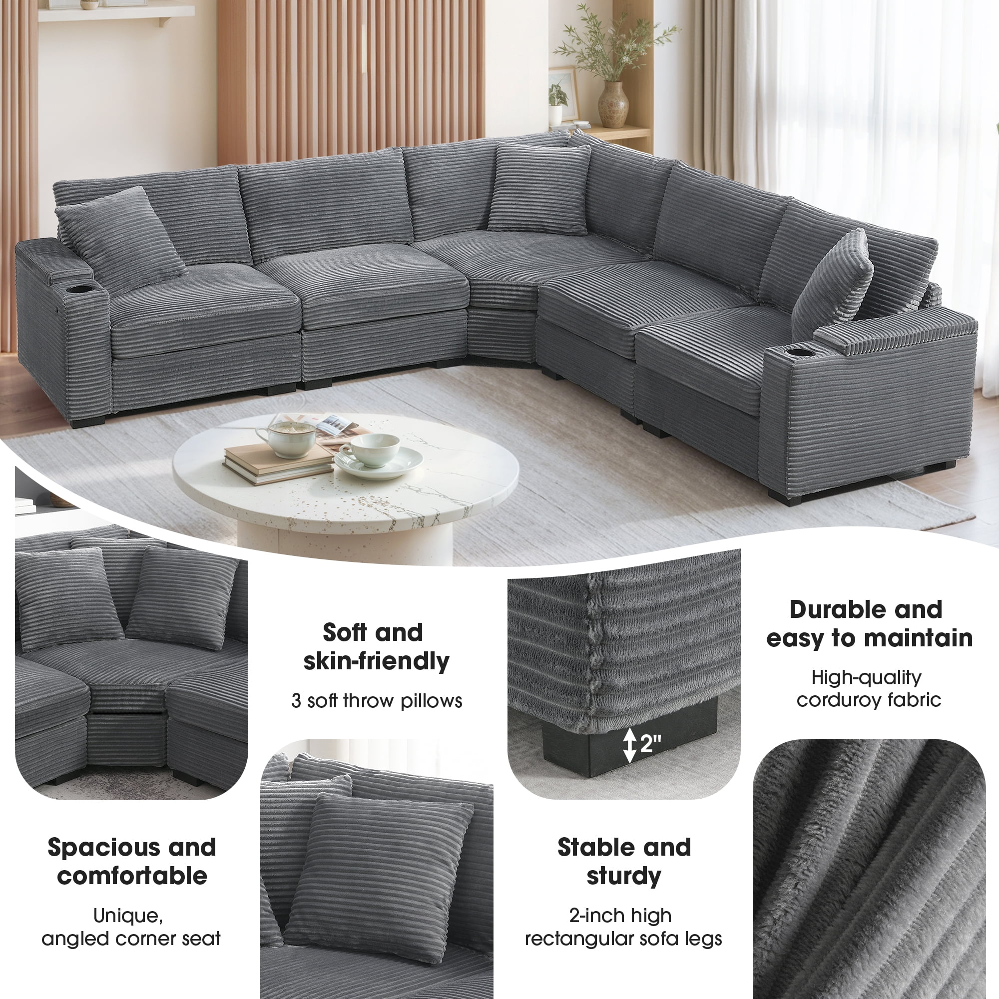 Sectional Sofa, L-Shape Sofa, Convertible Couch, Corner Couch with Armrest Storage and Cup Holders, Corduroy Sofa for Living Room, Gray