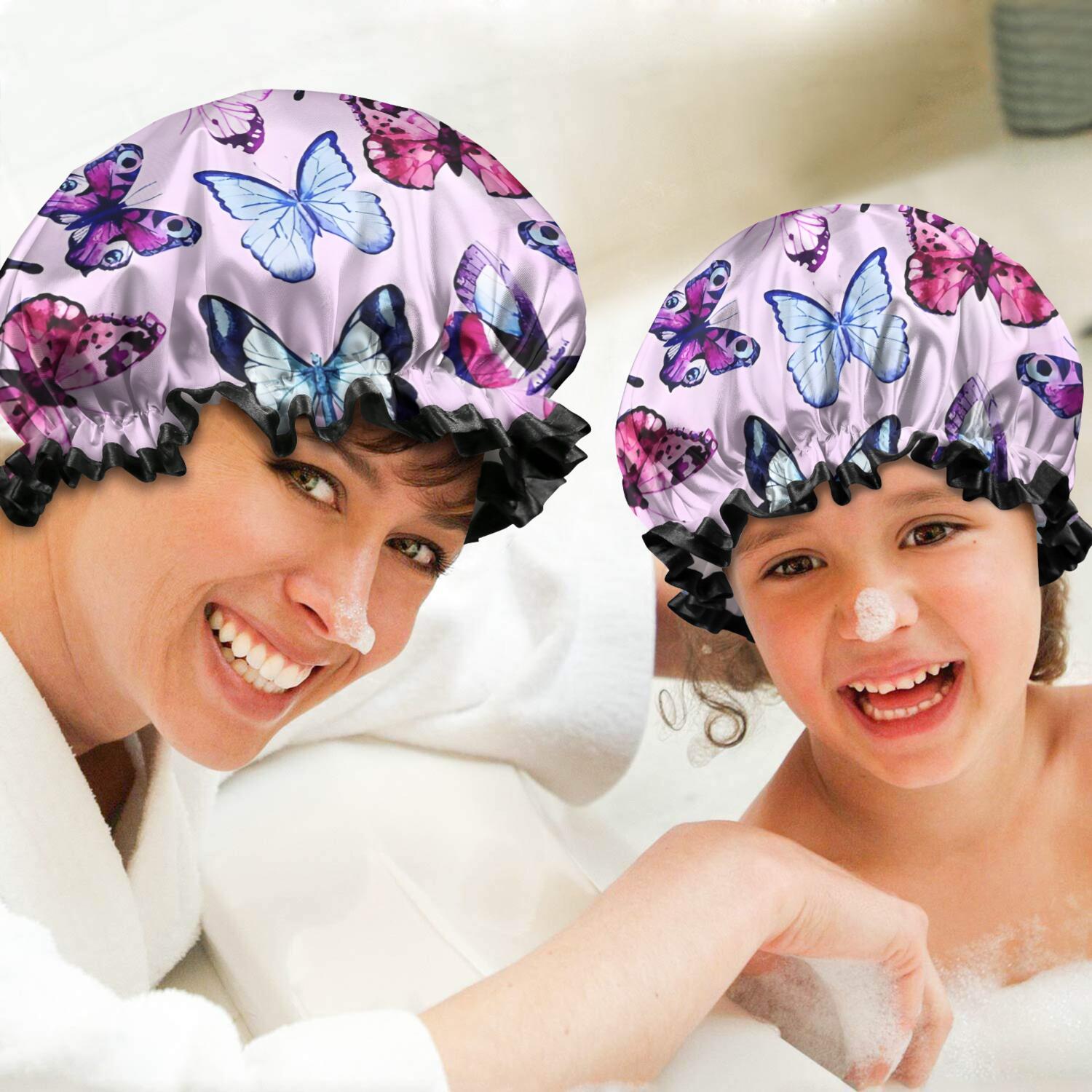Shower Caps,Pink Butterfly Pattern Waterproof Shower Cap for Women 4 Pieces,Double Reusable Hair Cover for Shower PEVA Elastic Stretch Hem
