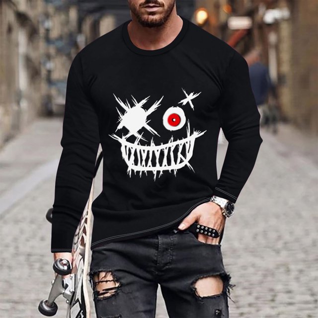 Pisexur Chemise à Manches Longues Homme Tissu de Haute Qualité T-Shirt à Manches Longues Homme, Haut Imprimé à Manches Longues Col Rond et Visage Souriant Noir, 2TG