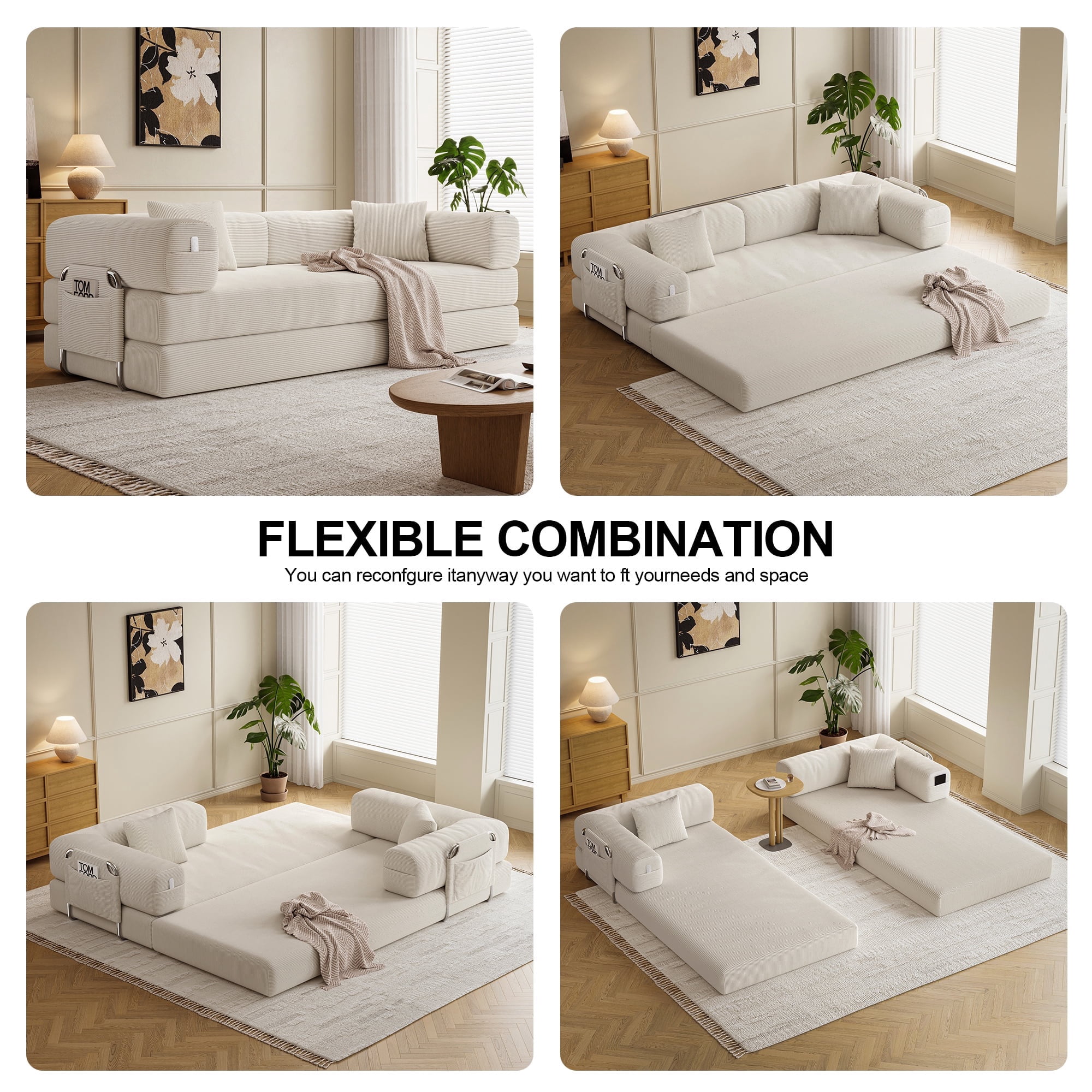 79" Convertible Sofa Bed ,CARZZI LIFE Compressed Floor Boneless Couch Modular Corduroy Sleeper Sofa, Folding Mattress Couch for Small Spaces - No Assembly Needed in Beige with Storge