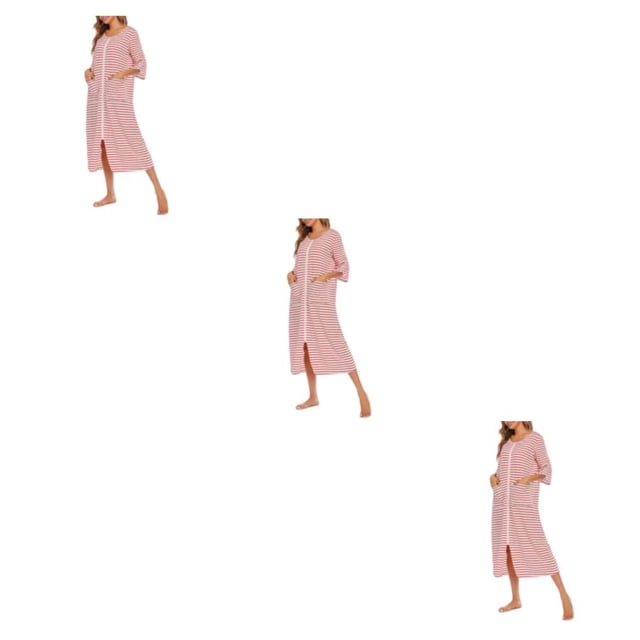 yingyy 1/2/3 Polyester Robe de Nuit Femme Décontractée Col Rond Manches Longues Double Poche Respirante Robe de Maison Vêtement de Nuit Rouge TTG 3 Pcs
