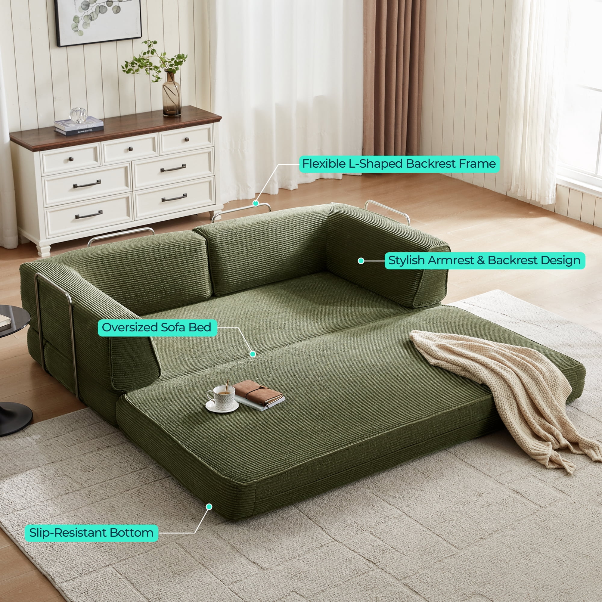 Linsy Home Corduroy Futon Sofa Bed Couch, Convertible Boneless Cloud Couch Bed,  King Size Sleeper Sofa Bed, Green