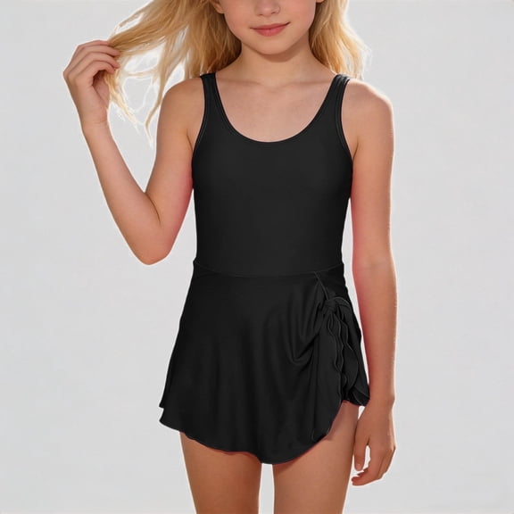 Krdevn Girls' One Piece Swim Dress Solid Sleeveless U-Neck Side Tie Ruffle Skirt Adjustable Strap Sun Swimwear,13-14 Years