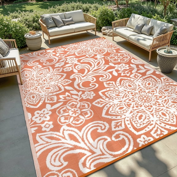 MJIAexp 6'x9' Orange Outdoor Rug Patio Rug Waterproof RV Outdoor Rug Camping Rugs Reversible Plastic Straw Rug Large Outdoor Mat for Camping, Balcony Apartment, Patio, Porch, Picnic, Beach