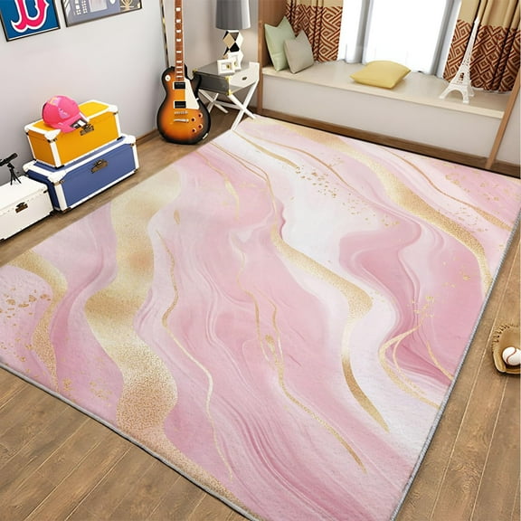 Living Room Area Rugs, Marble Luxury Stripes Printed Design Carpet, Rose Gold Washable Rectangle Rug, Soft Short Pile Carpet For Bedroom Dining Room Non-Slip Rug
