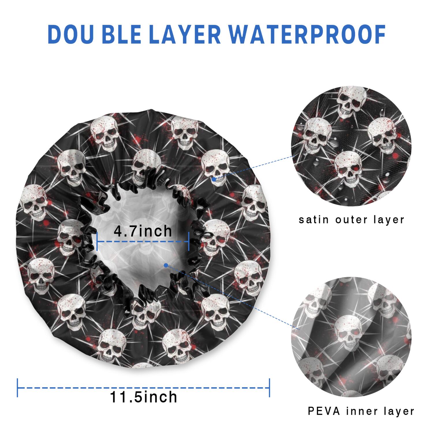 Shower Caps,Black Red Skull Burst Pattern Waterproof Shower Cap for Women 4 Pieces,Double Reusable Hair Cover for Shower PEVA Elastic Stretch Hem