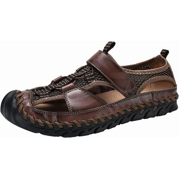 Mens Summer Breathable Sports Sandals Leather Hiking Comfortable Slippers Closed Toe Outdoor Casual Fisherman Shoes Brown 10 US