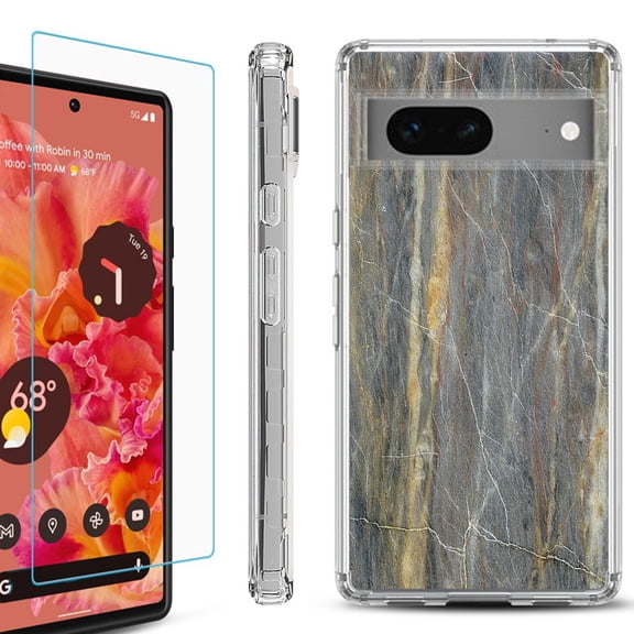 Shockproof Bumper Phone Case for Google Pixel 7, with Tempered Glass Screen Protector, by OneToughShield ® - Marble/Camo