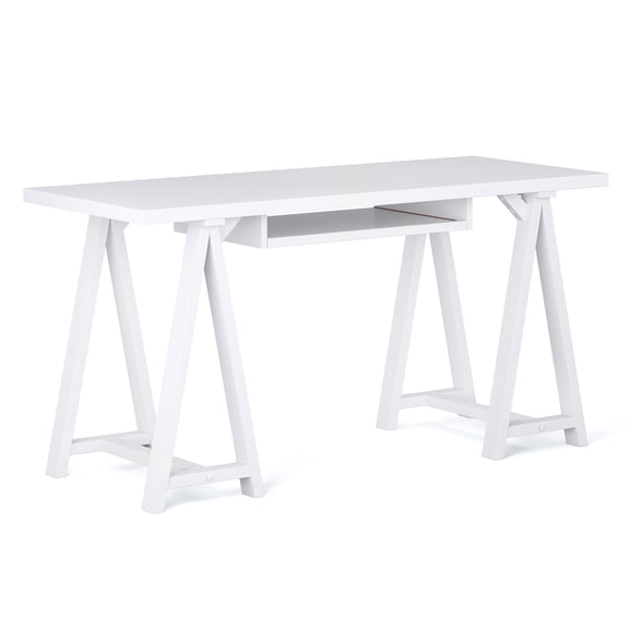 Spokane Solid Wood Desk, White Hand Finished Writing Desk with Keyboard Tray & Sawhorse Supports, Multipurpose Computer Workstation for Home Office Bedroom