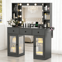 Zimtown Makeup Vanity with 3 Colors Light Mirror, Glass Top Vanity Desk with Two Glass-Door Storage Cabinets & Charging Station, Black