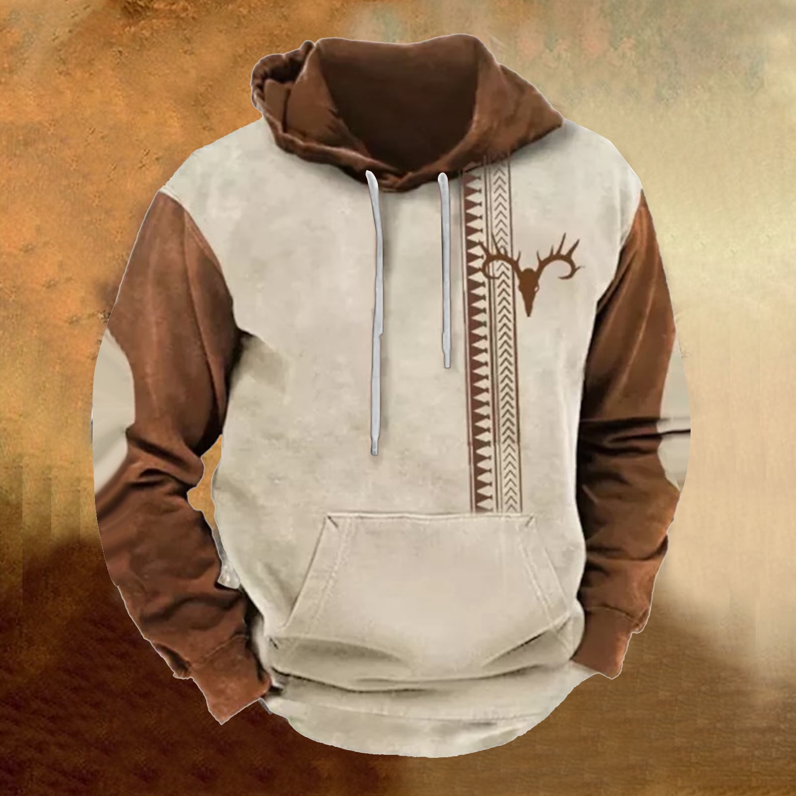 ZCFZJW Mens Western Hoodie Sweatshirts Vintage Aztec Print Long Sleeve Hooded Pullover Tops Lightweight Trendy Pacthwork Warm Coat with Pockets Z13-Khaki XL