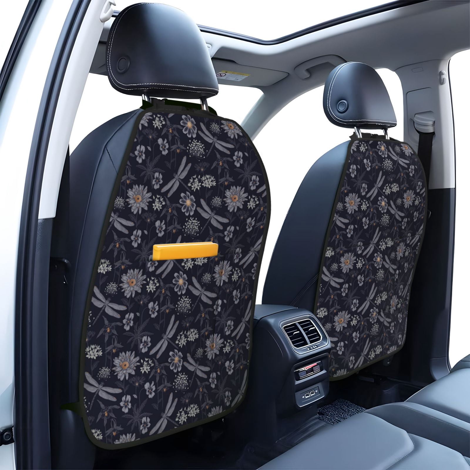 Xecao Wildflowers And Dragonflies Pattern Car Seat Back Protector 2 Pack Large Capacity Pocket, Kick Mats Back Seat Protector
