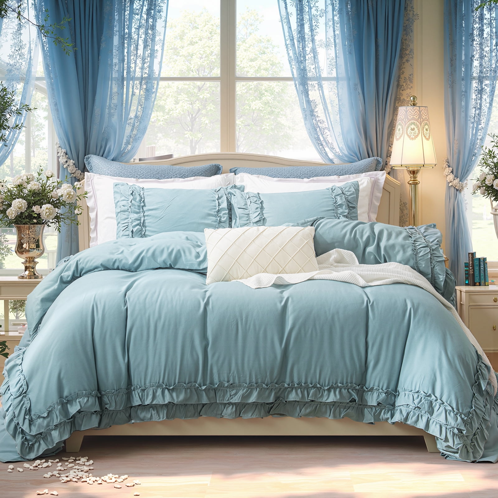 Boho Ruffled Comforter Set Super Soft Cozy Bedding Set with Pillowcases Elegant Chic Bedroom Decor Rustic Farmhouse Quilt Comforter 3 Pcs Set