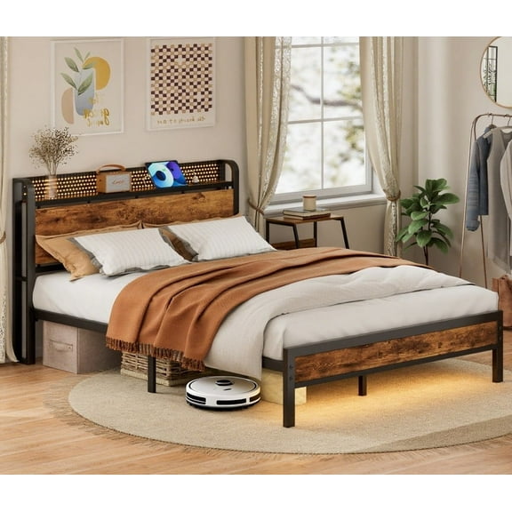 Dyzmo Queen Bed Frame with Headboard, Metal Platform Bed with Smart LED Lights and USB Charging Station, Easy Assembly, No Box Spring Needed, Retro Brown