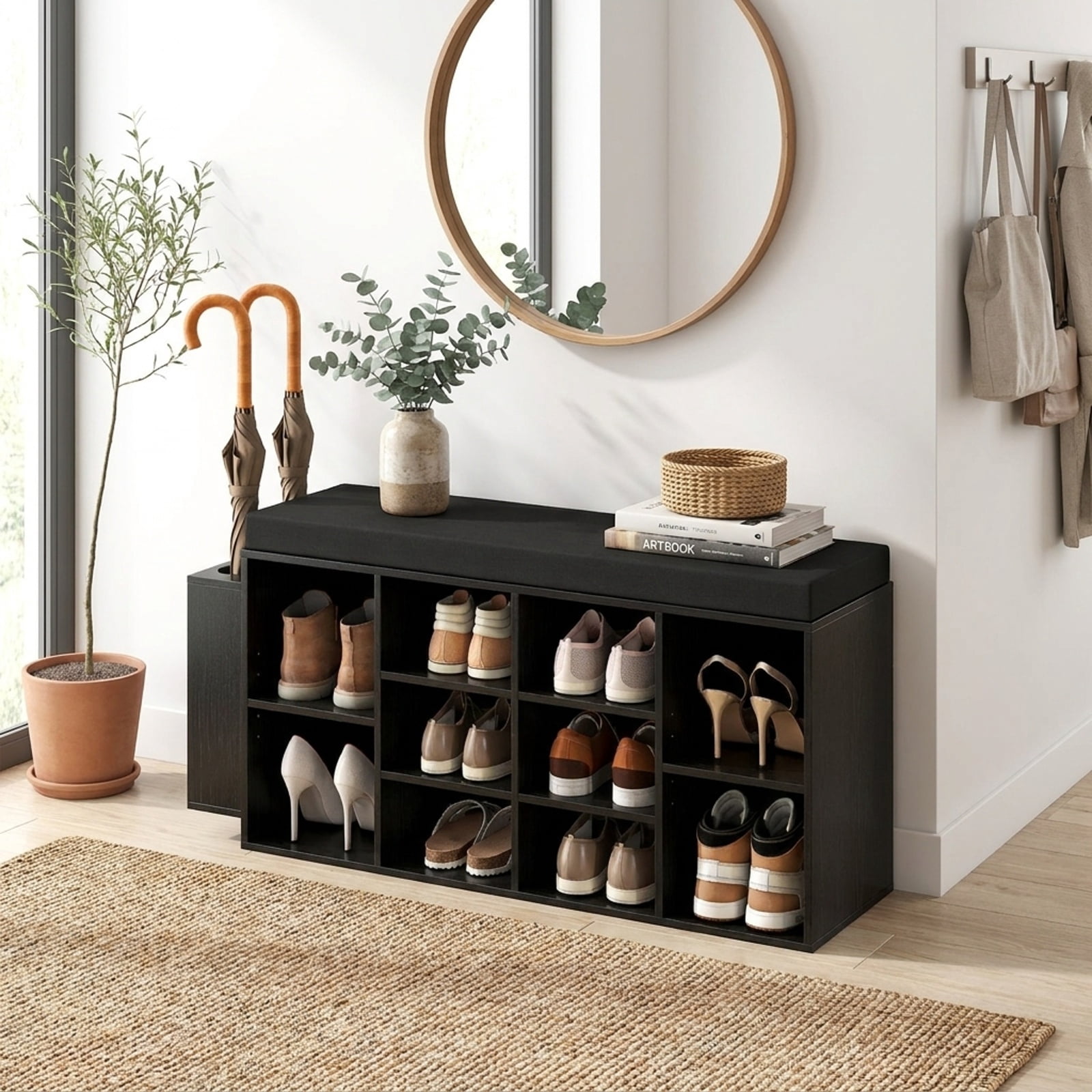 Furnibear Shoe Storage Bench with Umbrella Stand and 10 Cubby Entryway Shoe Rack Organizer with Padded Seat for Hallway Closet, Black