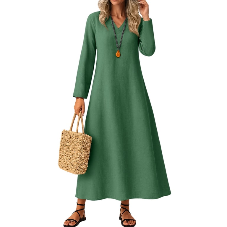 UoCefik Cotton Linen Dresses for Women Trendy Long Sleeve V Neck Maxi Dress  Boho Fall Flowy Dresses Fashion Casual Vacation Beach Sundress Green XL -  Walmart.com