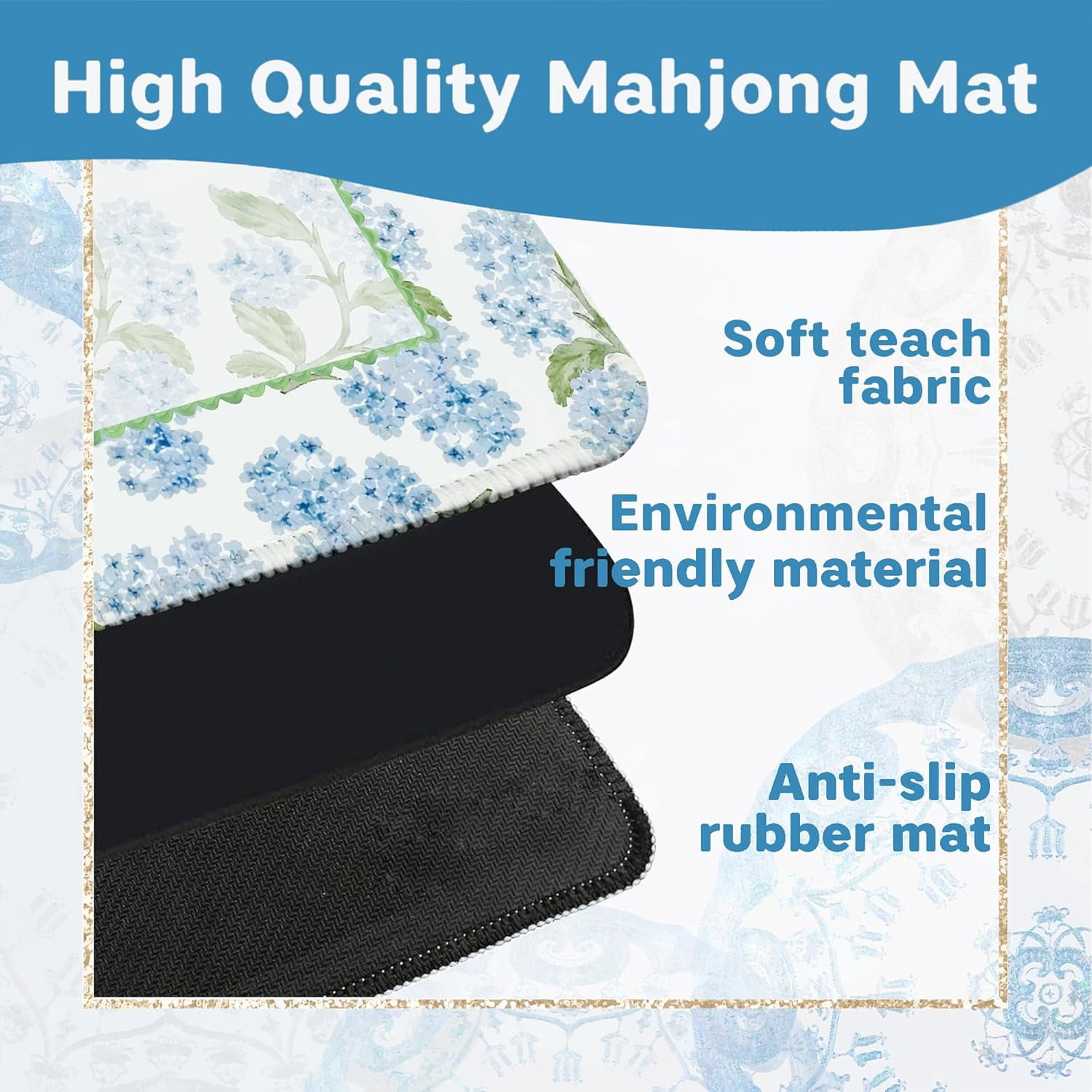Blue Hydrangea Floral Mahjong Mat for Table 31.5 X 31.5 in, Gifts for Mahjong Players, Grandmillennial Blue Flower Cottagecore Anti-Slip Table Cover Tablecloth for Poker Board Card Tile Game
