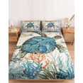 thumbnail image 2 of Twin Sze Fitted Sheet Set - Ocean Turtle 2 Piece Bedding Sets 16" Deep Pocket Fitted Sheet with 1 Pillowcase, Coastal Nautical Coral Starfish Blue Brushed Microfiber Hotel Luxury Bed Sheets, 2 of 9