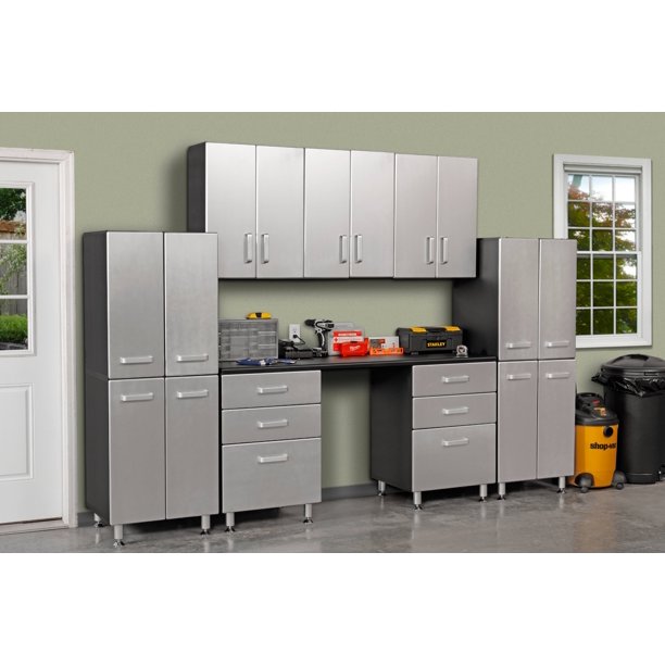 Tuff Stor Model 24214k 71 Inch Wide Workbench With Six Sturdy Drawers Two Four Door Storage Towers And Three Overhead Cabinets Walmart Com Walmart Com