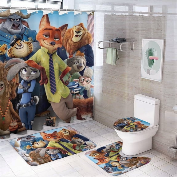 4 Piece Shower Curtain Set with Rugs Zootopia Shower Curtain Bathroom Sets Decor Waterproof