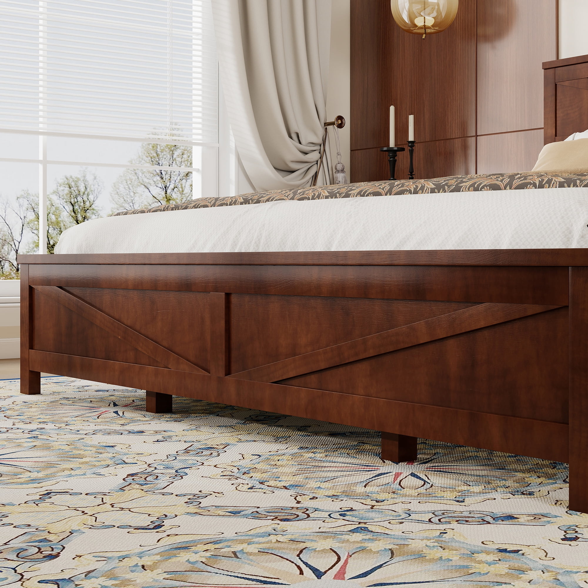 Mintazer Farmhouse King Size Platform Bed with Under-Bed Storage, Platform Bed Frame with Headboard & Footboard for Bedroom, Walnut