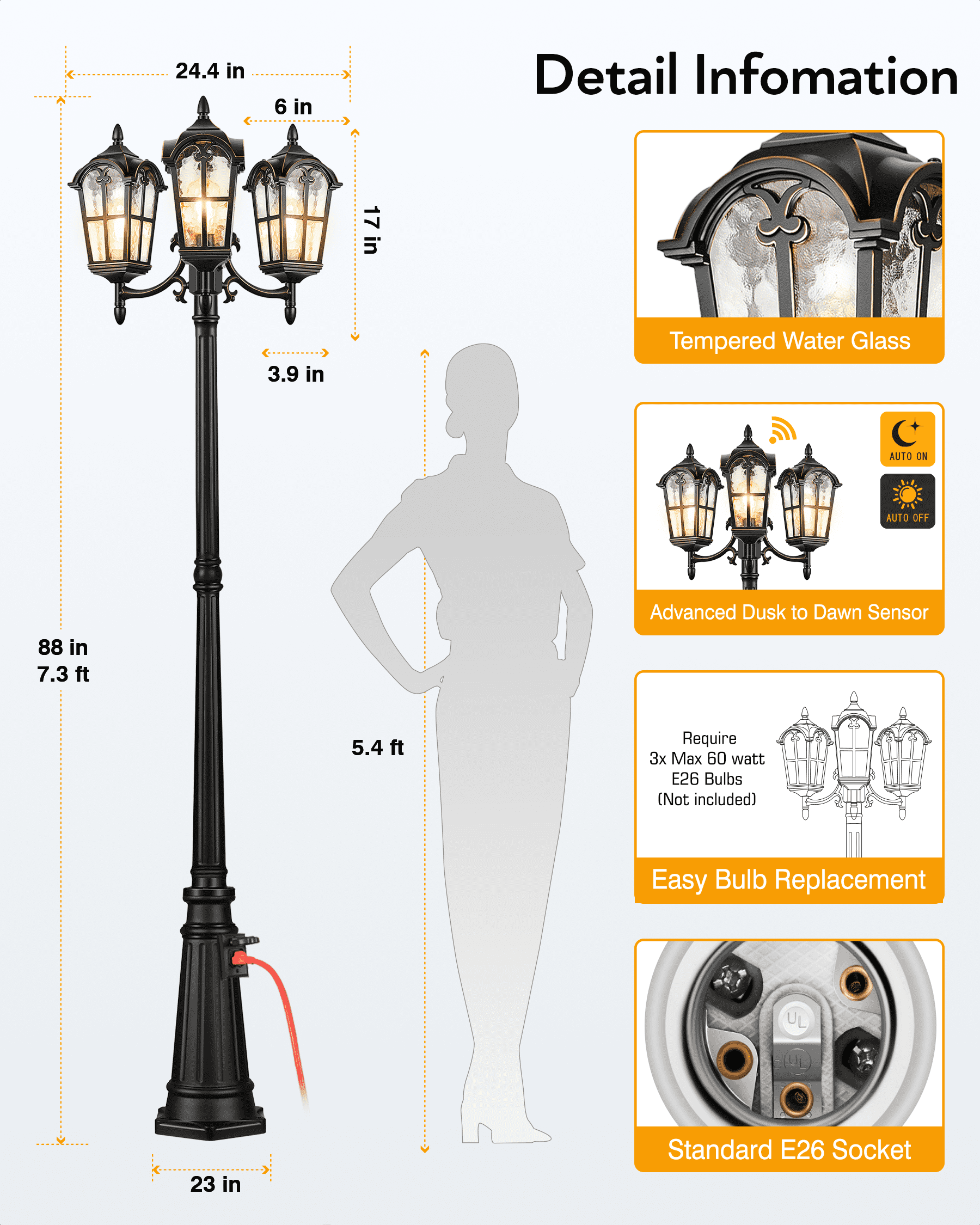 VIANIS 3-Head Outdoor Lamp Post Light Fixture with Outlet, Black Dusk Dawn Lamp Posts Outdoor Lighting, Waterproof Anti-Rust Aluminum with Tempered Glass, Street Light for Garden, Patio, Driveway