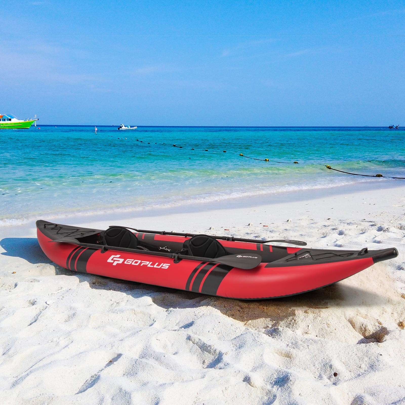 Goplus Inflatable Water Float Set Portable 2-person Kayak with Aluminium Oars EVA Padded Seat Red