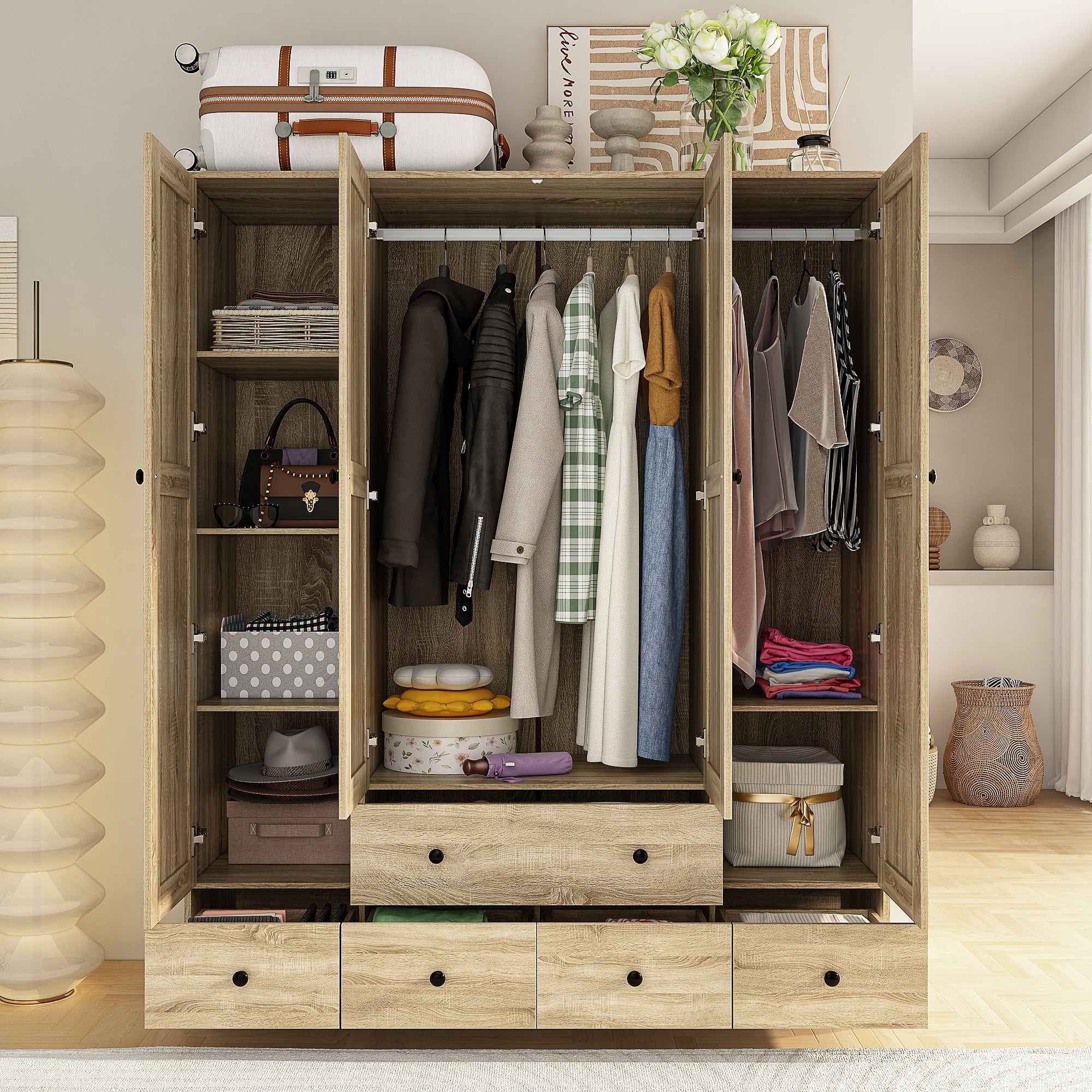 Kerrogee Modern 4-Door Wood Bedroom Armoire in White Closet Cabinet Wardrobe Wood-70.5"x59.1"