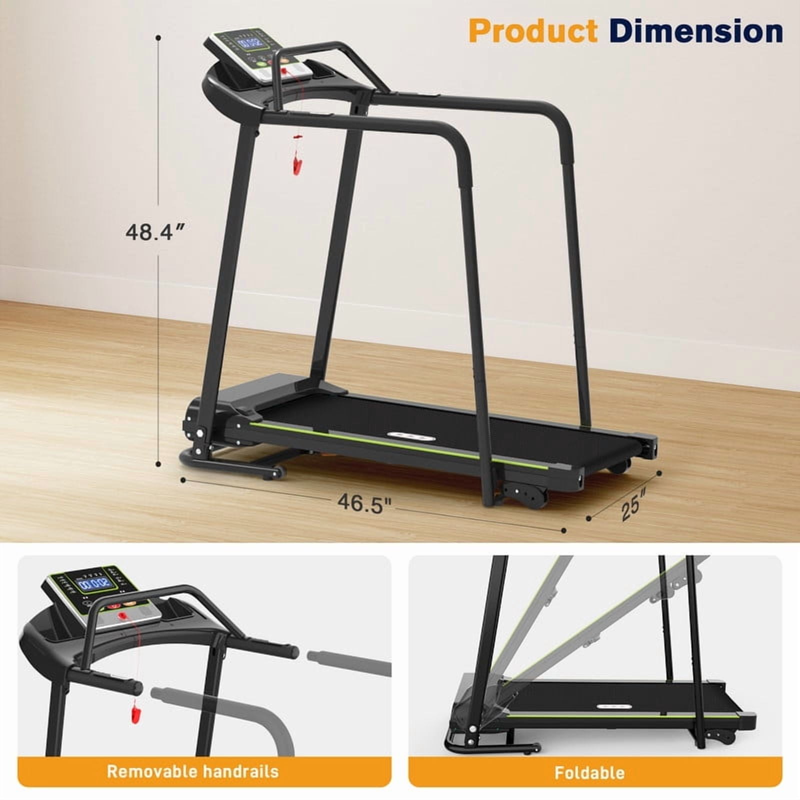 Redliro Senior Treadmill with Long Side Handrails, 300lbs Capacity, LED Display & Heart Rate Sensor, Safe Walking Treadmill for Elderly