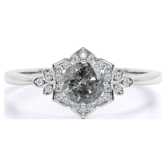JeenMata Vintage .70 Carat Round Cut Natural Salt and Pepper Diamond Flower Halo Engagement Ring in 18k White Gold over Silver