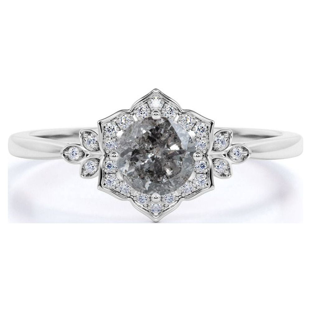 JeenMata Vintage .70 Carat Round Cut Natural Salt and Pepper Diamond Flower Halo Engagement Ring in 18k White Gold over Silver