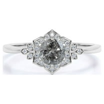 JeenMata Vintage .70 Carat Round Cut Natural Salt and Pepper Diamond Flower Halo Engagement Ring in 18k White Gold over Silver