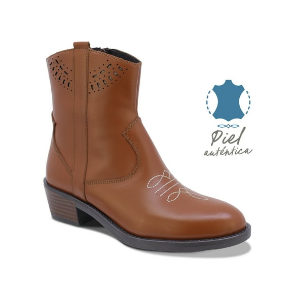 BOTINES COQUETA NIÑA DE PIEL COLOR MIEL MIRTA CON DISEÑO WESTERN Y DETALLES CALADOS