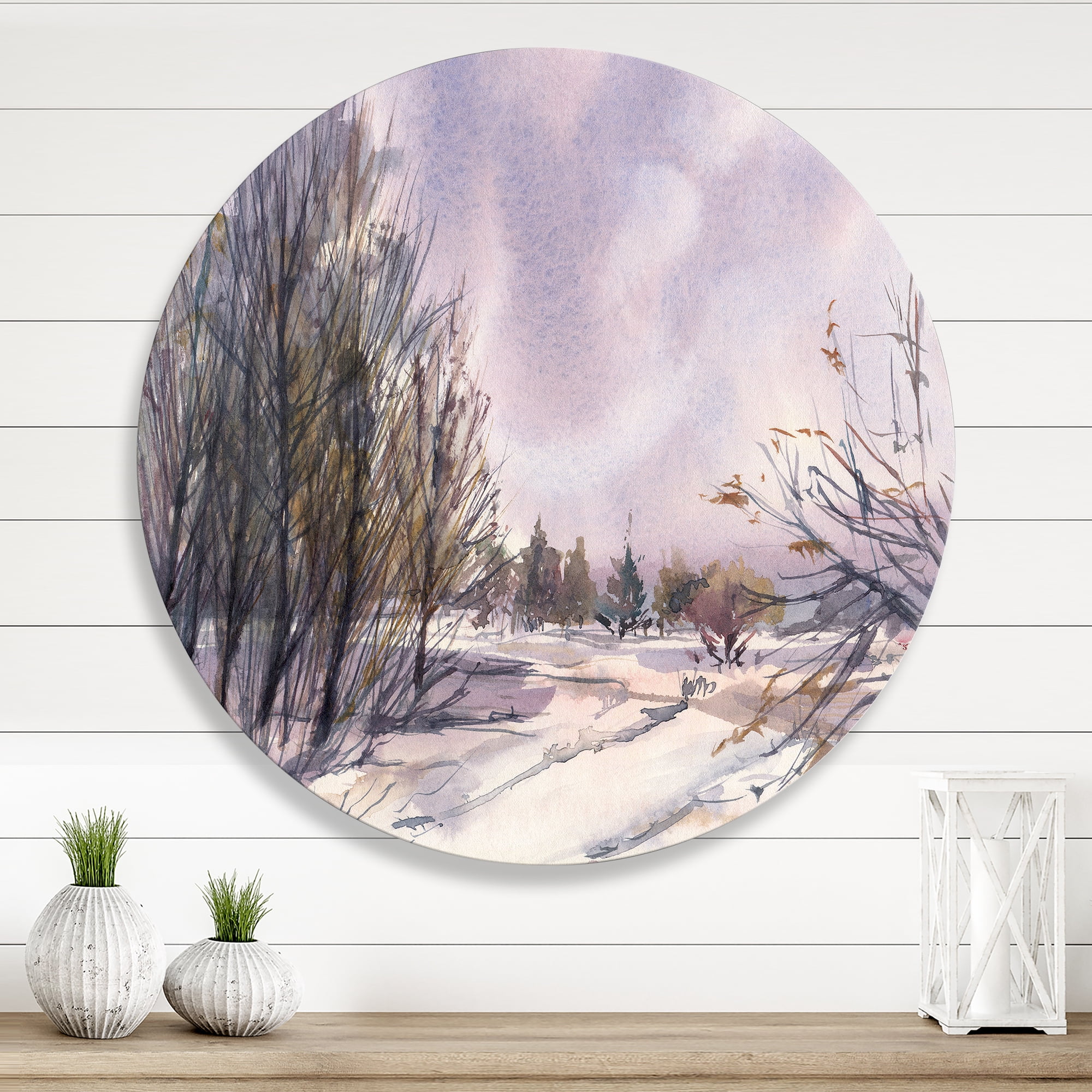 Designart 'Purple Snowy Tones With Winter Landscape' Traditional Circle Metal Wall Art 11x11 - Disc of 11