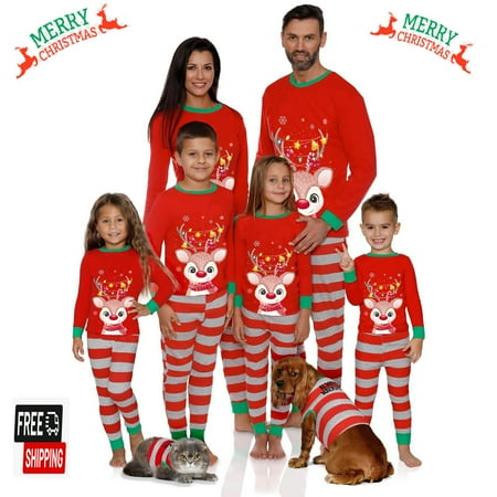 

Matching Family Christmas Pajamas Sets Dog Apparel/Cartoon Elk Print Tee and Striped Bottom PJ s
