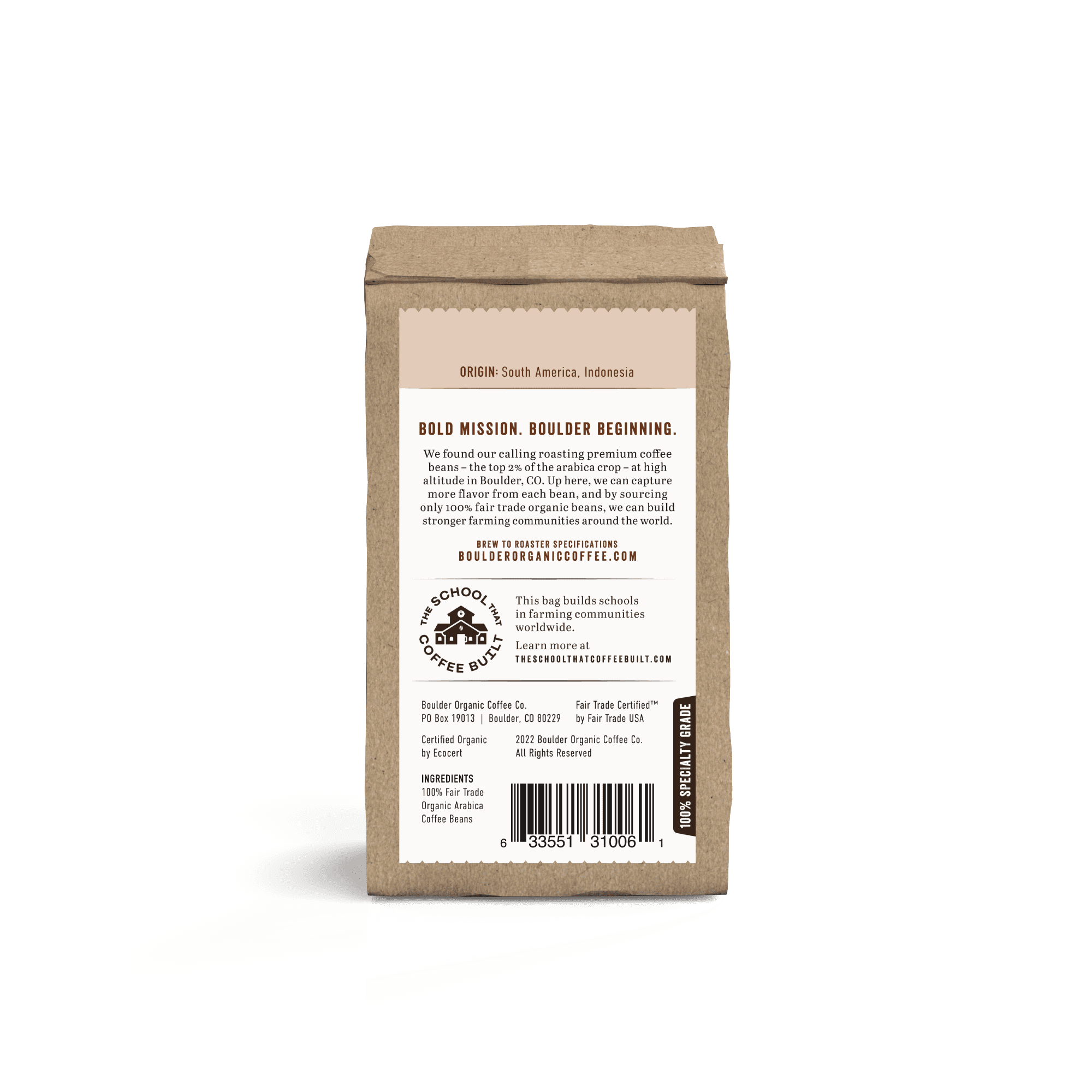 Boulder Organic Indian Peaks Organic & Fair Trade Whole Bean Coffee, Dark Roast, 12 oz Bag, Caffeinated