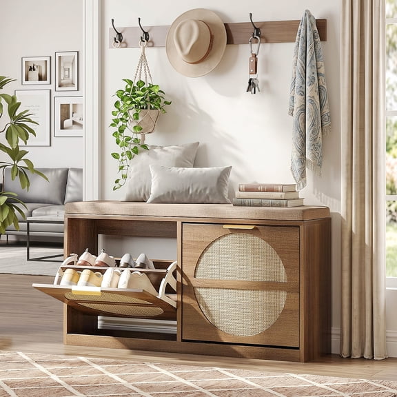 Rattan Shoe Storage Bench with Lift Top Coat Rack, Shoe Cabinet with 2 Flip Drawers & Padded Seat Cushion for Entryway, Hallway