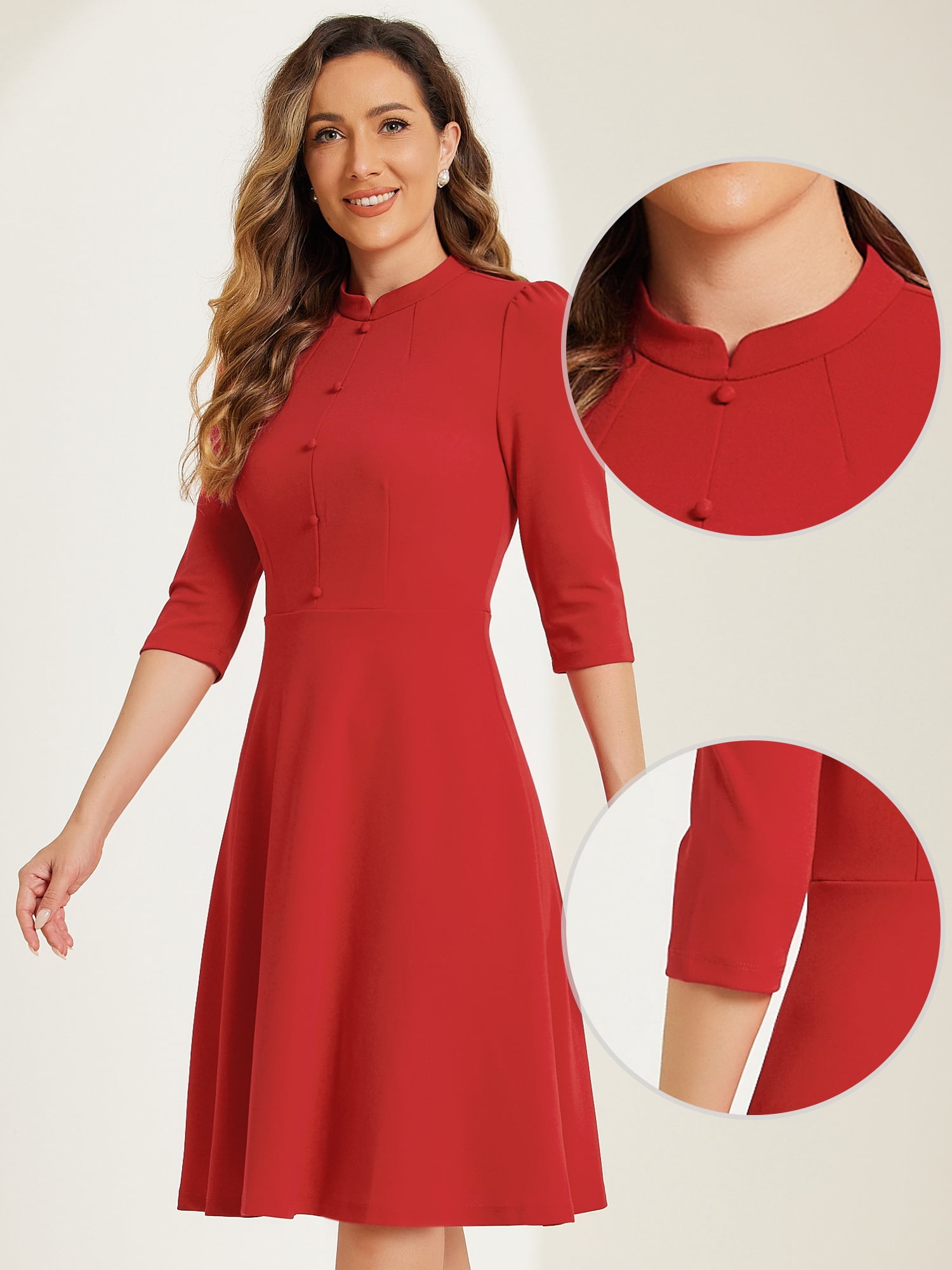 DARING DIVA Women's Vintage 3/4 Sleeve Church Semi Fit and Flare Dress XS Red