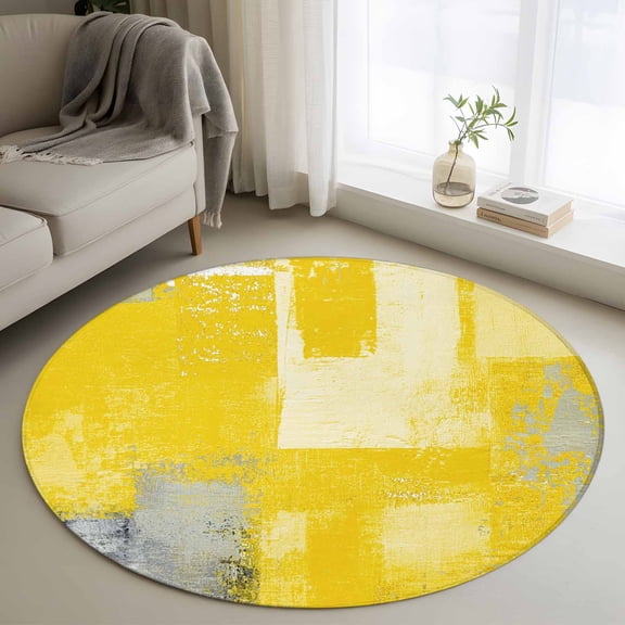 Round Area Rug 3 Ft, Yellow Grey Washable Non-Slip Circle Carpet for Living Room/Bedroom, Modern Abstract Mottled Ombre Aesthetic Low-Profile Small Floor Mats Collection Rugs for Indoor