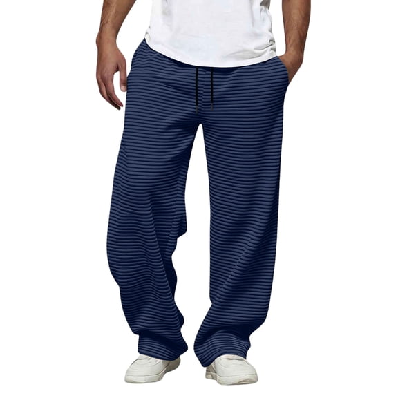 LWavelet Men's Vertical Striped Wide Leg Joggers - Drawstring Waist Soft Fabric Trendy Casual Daily Pants Navy XL