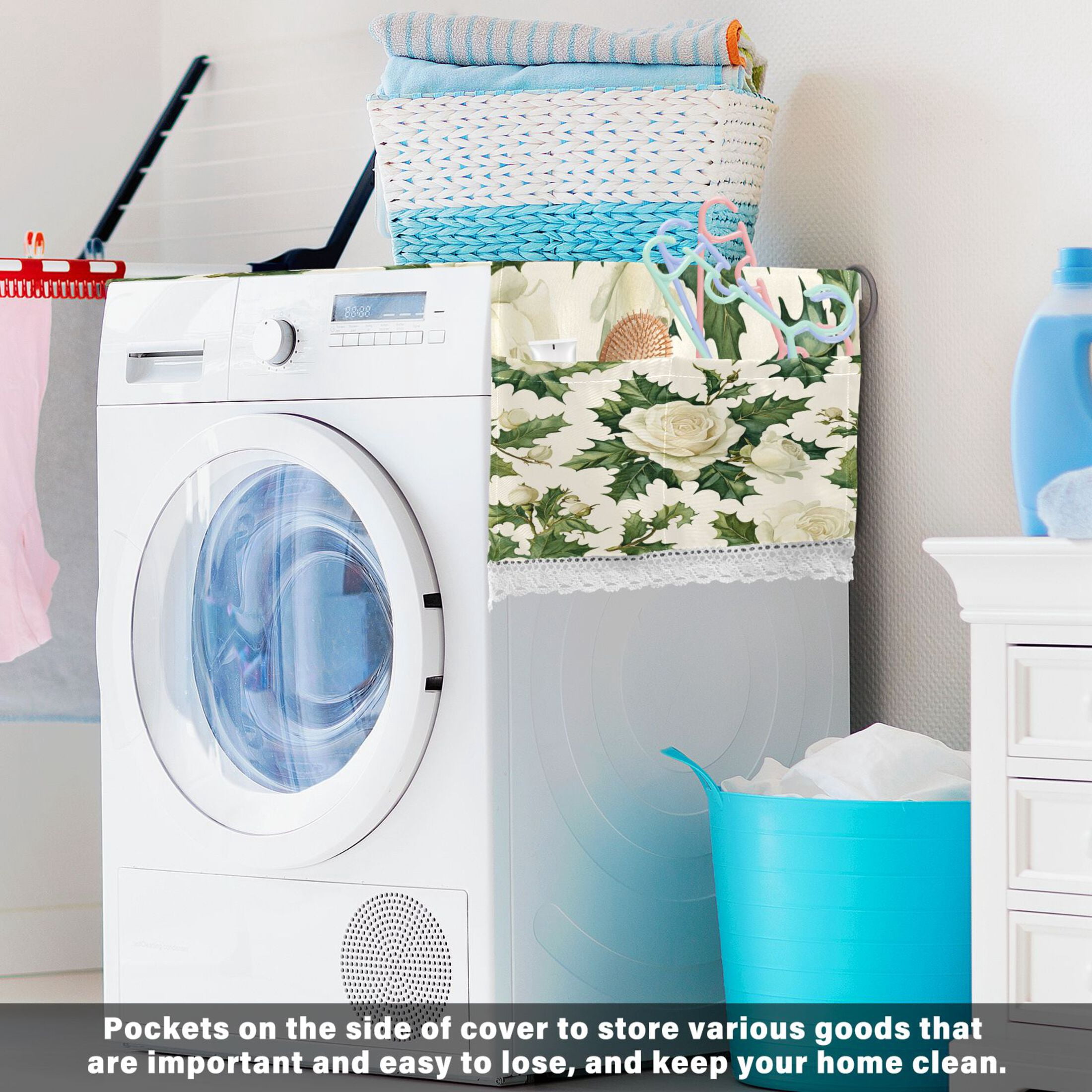 White Roses and Holly LeavesWasher and Dryer Covers Dust-Proof and Oil Resistant Fridge Cover with 4 Storage Pockets Washing Machine Top Cover for Laundry Kitchen Home 51.2 x 22 In