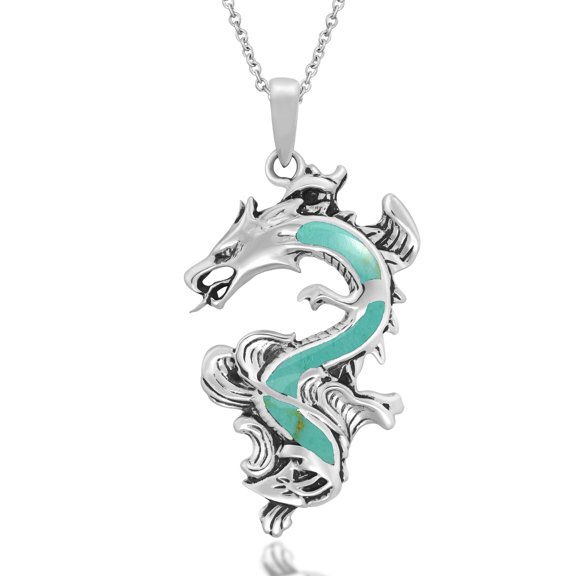 Legendary Chinese Dragon Simulated Turquoise Inlaid .925 Sterling Silver Pendant Necklace