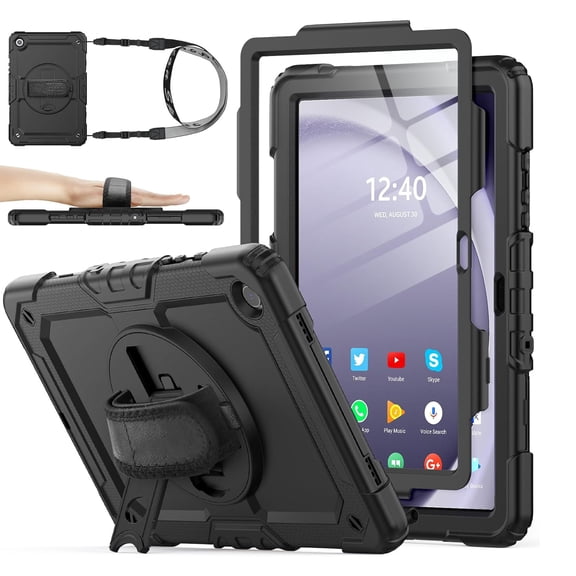 Decase for Samsung Galaxy Tab A9 Plus 11"2023,Shockproof Full-Body Case with Screen Protector,Heavy Duty Cover with Pen Holder Hand Strap Stand,Black