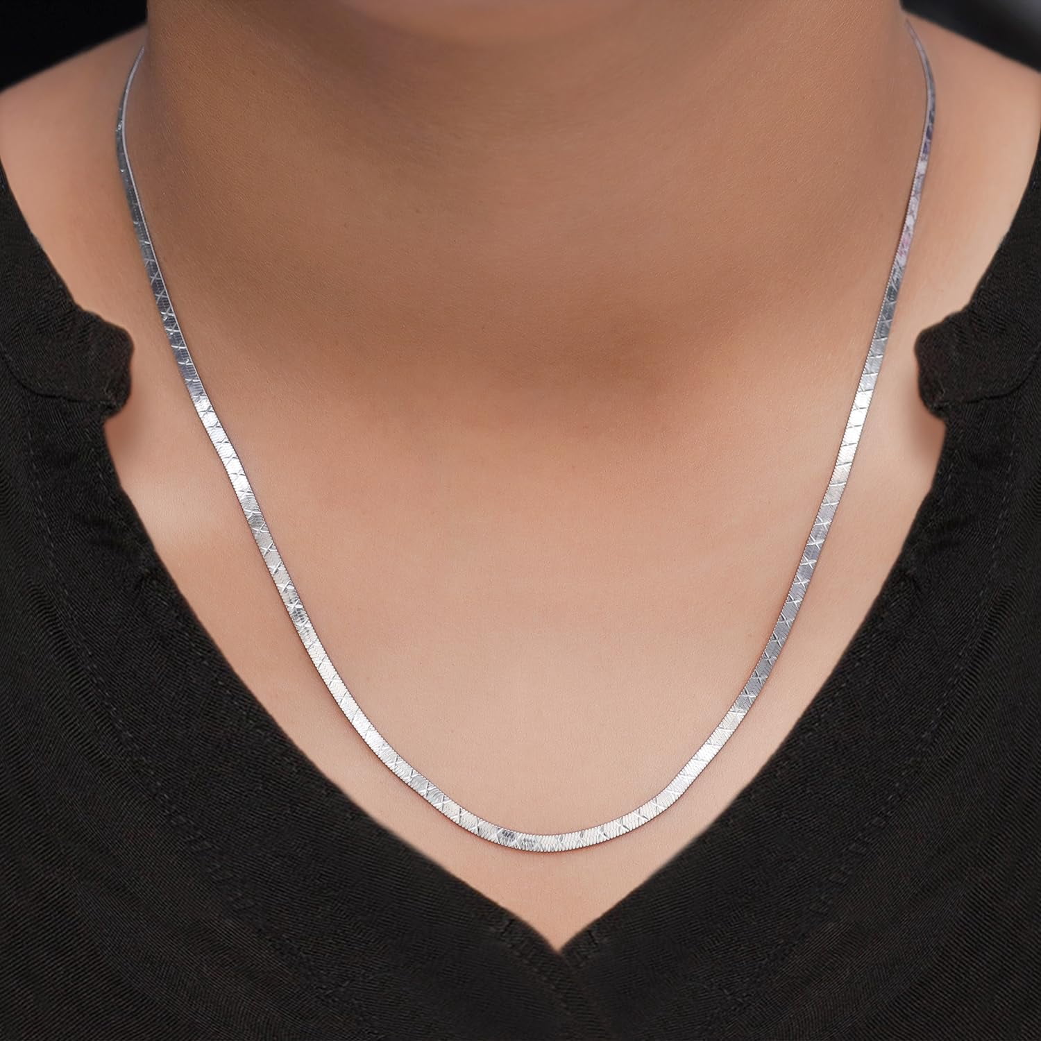 AFFY Herringbone Chain Necklace for Women and Men Italian Crafted 2.40mm Flat Snake Necklace with Lobster Claw Clasp 18 Inch Chain in 14K White Gold Over 925 Sterling Silver
