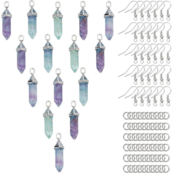 1 Box 105Pcs Fluorite Stone Hexagonal Pendants Stone Pointed Earring Making Kit Jump Rings Earring Hooks for Women Adults DIY Jewelry Making Crafts Silver